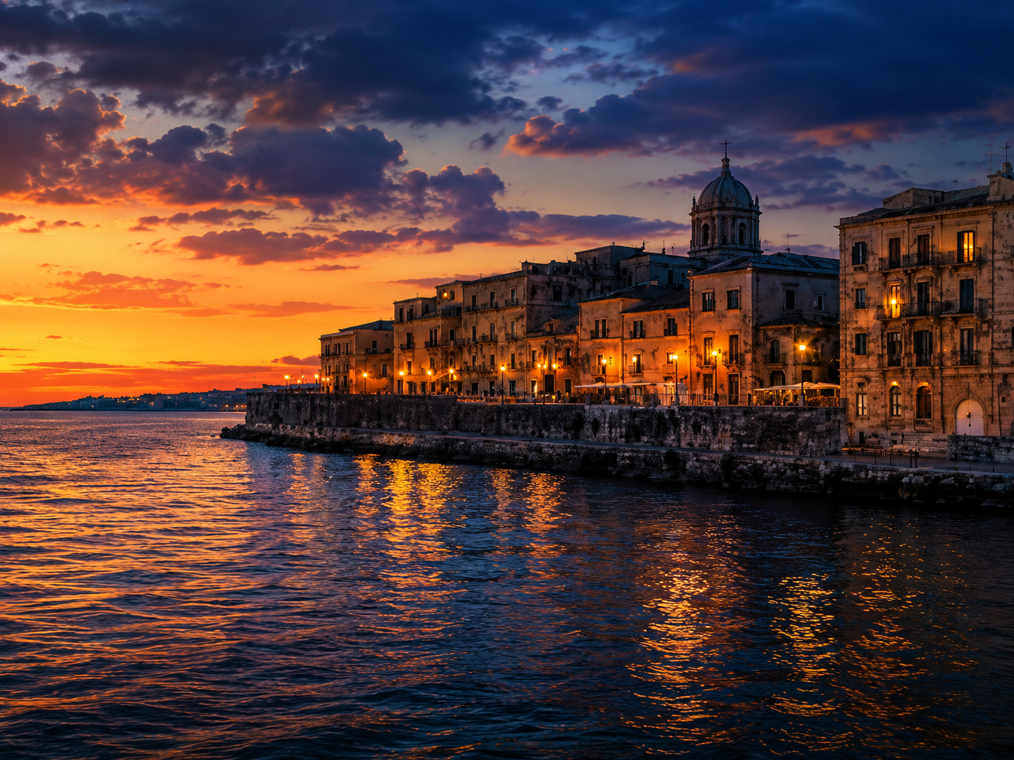 Siracusa coastal waterfront at sunset with historic buildings and sea reflections.