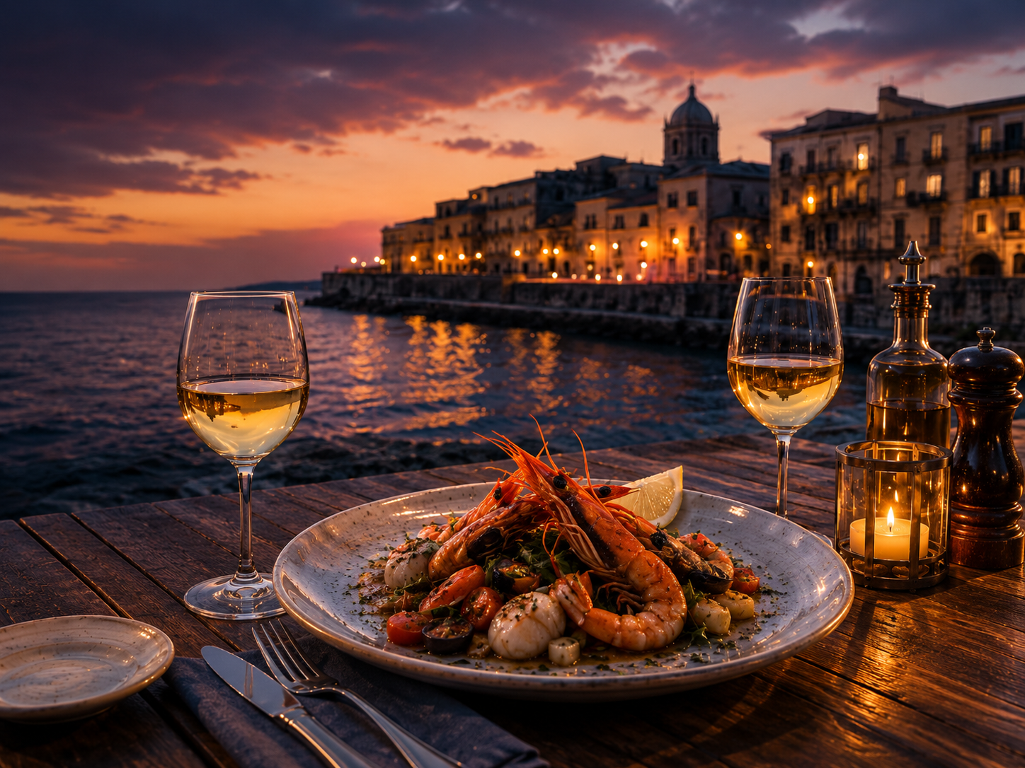 Seafood plate with wine glasses, candlelight, and Siracusa waterfront.