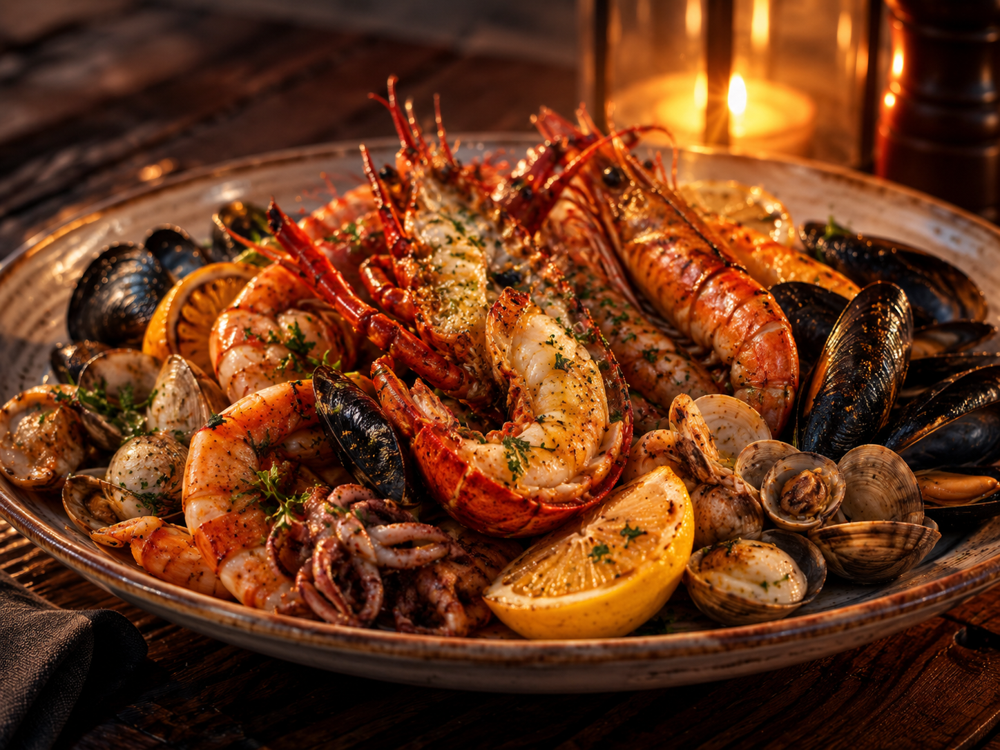 Warm candlelit seafood platter with lobster, prawns, mussels, clams, and lemon.