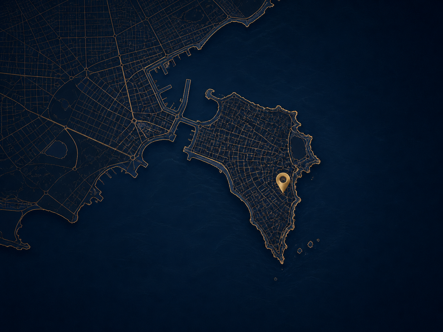 Dark navy and gold map-style graphic of Ortigia and Siracusa coastline.