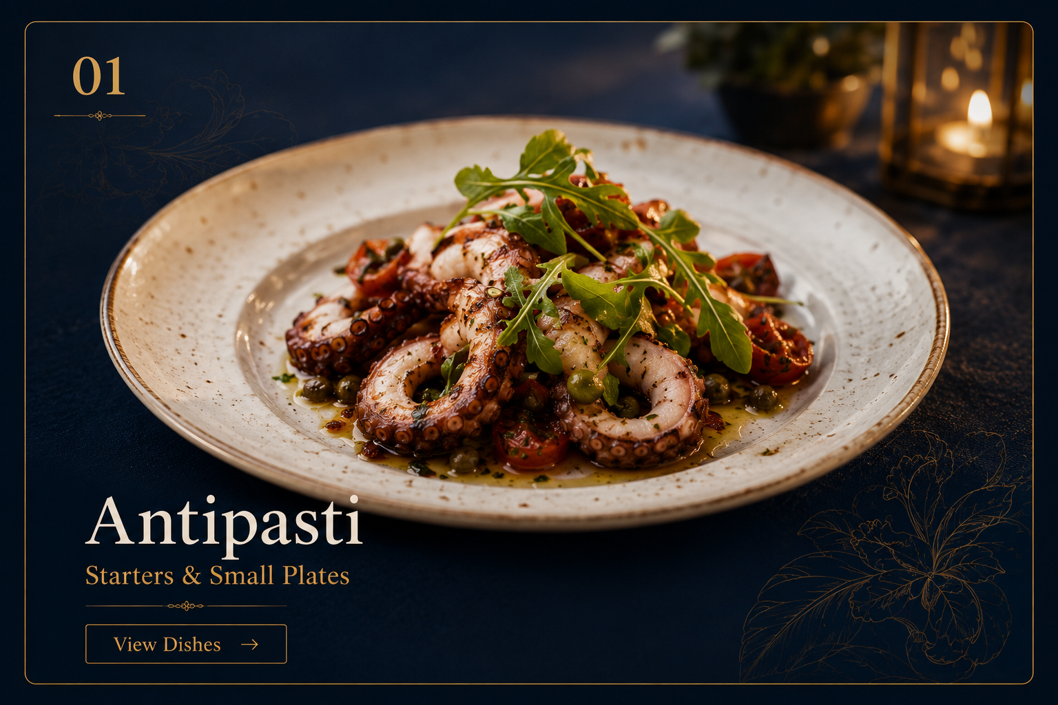 Premium octopus antipasti menu card in navy and gold.