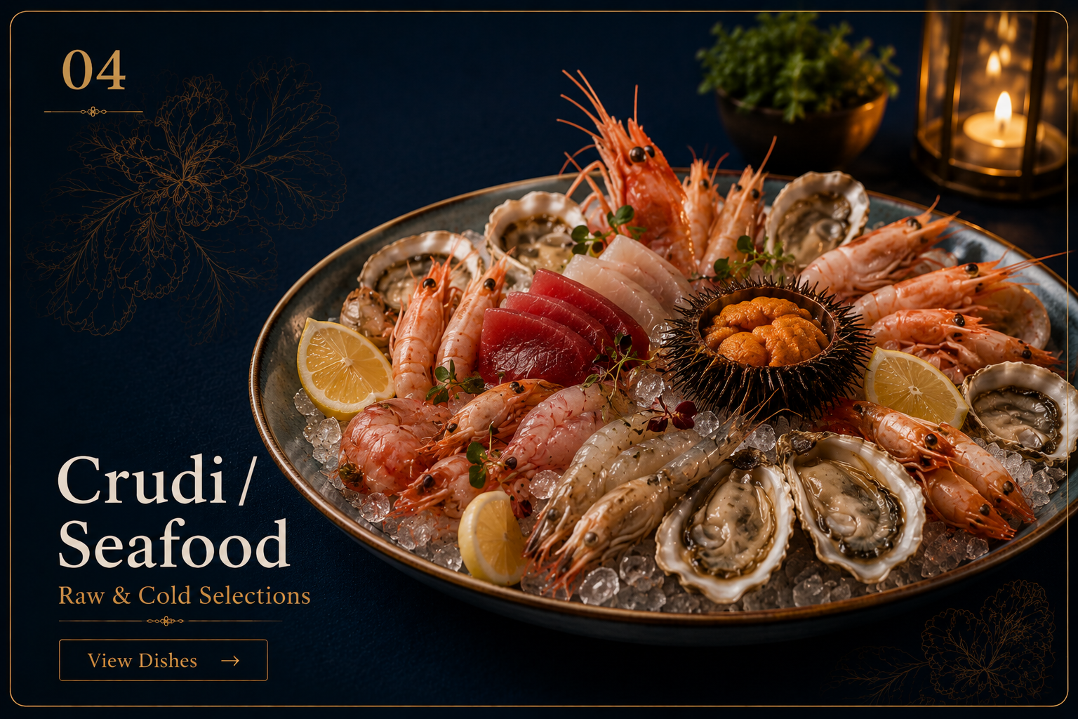 Premium raw seafood platter menu card with oysters, prawns, tuna, and sea urchin.