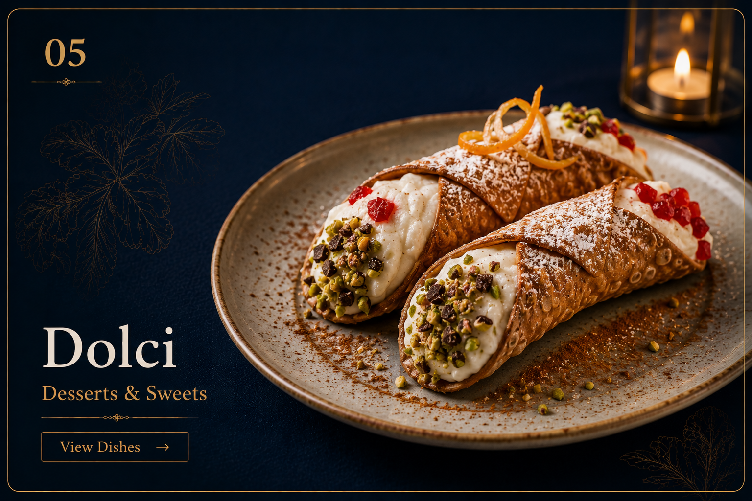 Premium Sicilian cannoli dessert menu card with pistachios.