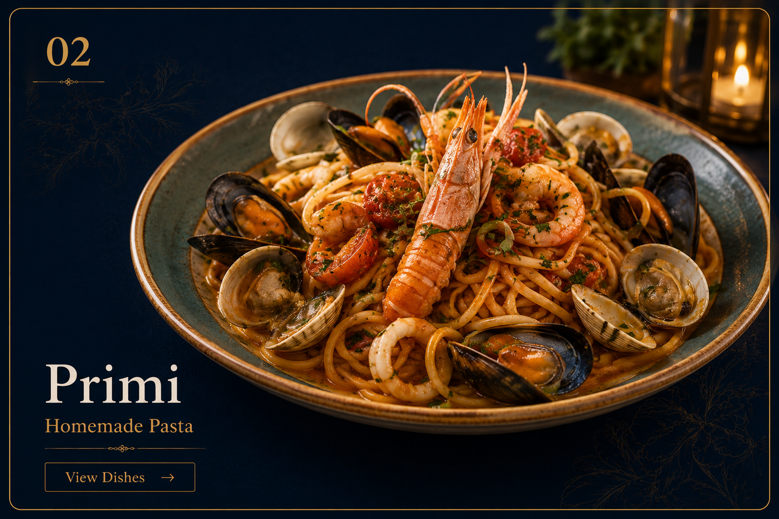 Premium seafood pasta menu card with mussels, clams, shrimp, and langoustine.