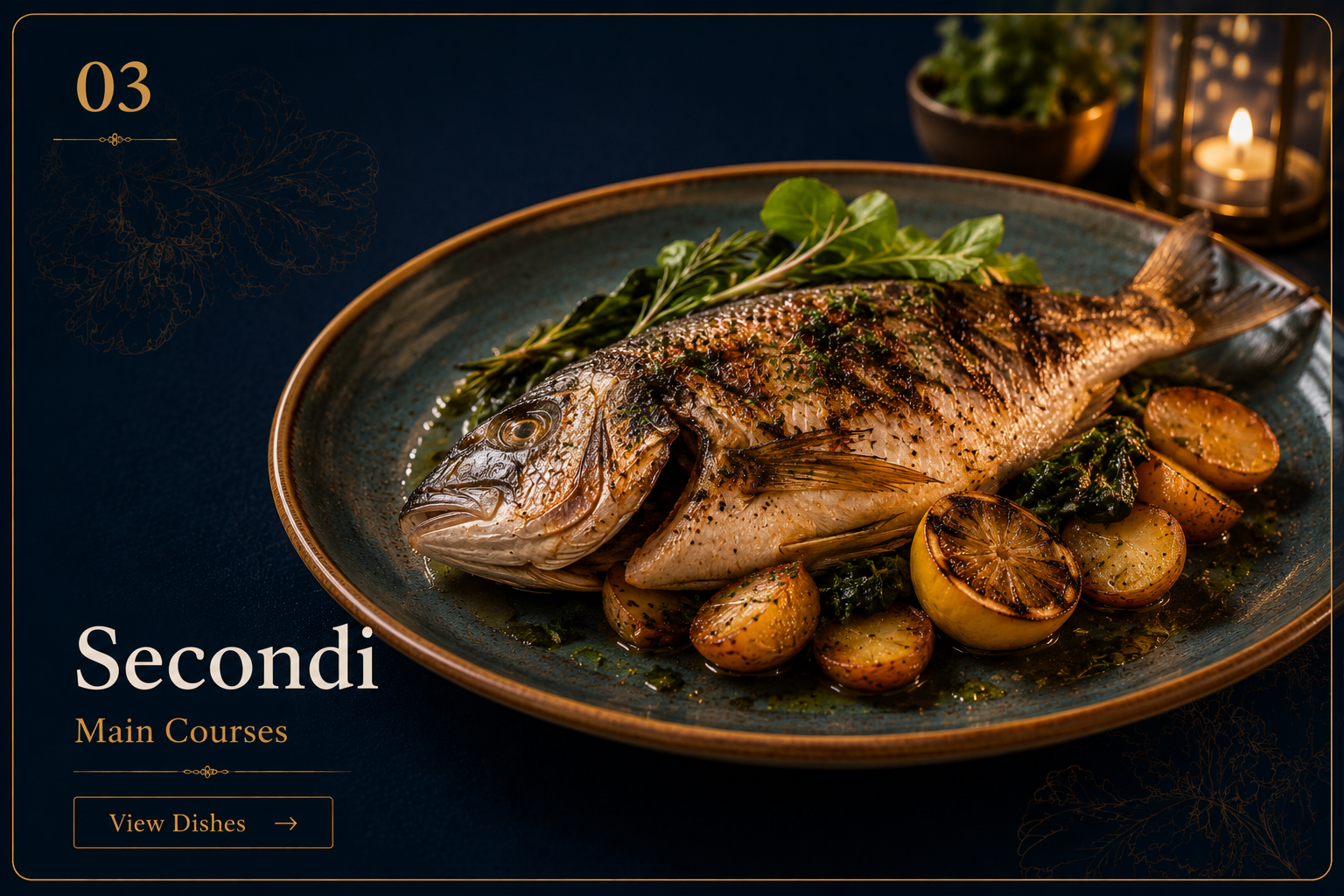 Premium grilled whole fish menu card with potatoes and lemon.