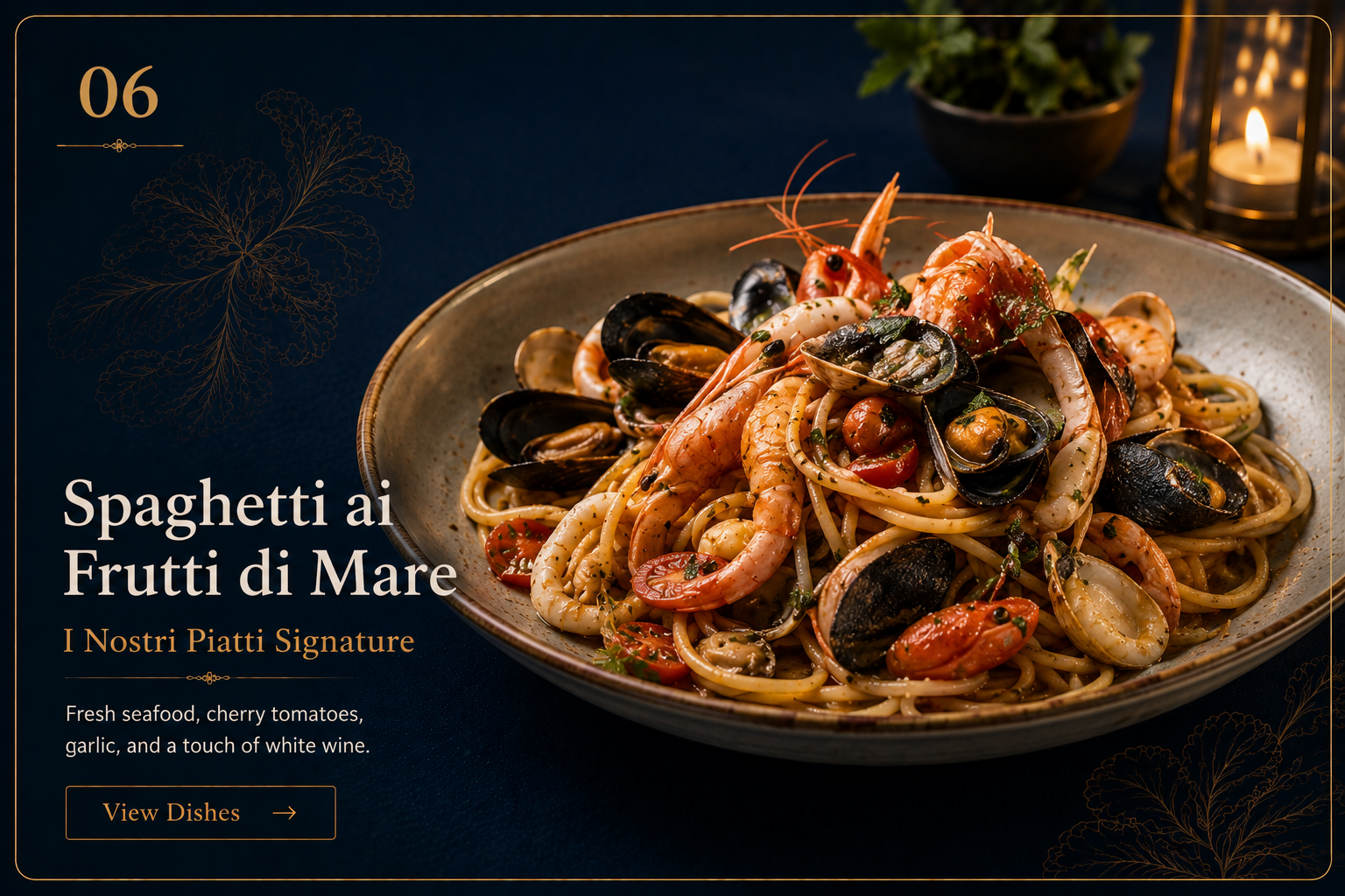 Seafood spaghetti with shrimp, mussels, clams, calamari, cherry tomatoes, garlic, and white wine.